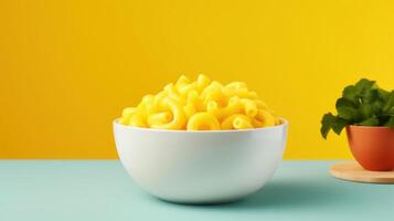 Bowl of pasta with plant on a table. photo