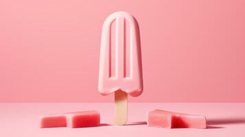 A pink popsicle with a wooden stick on a pink background. photo