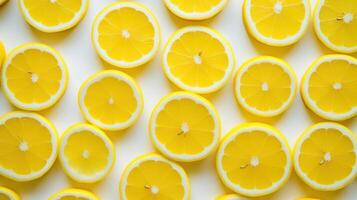 Lemon slices arranged in a pattern on a white background. photo