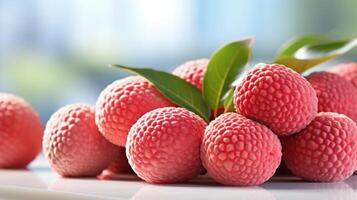 Fresh lychee fruit with green leaves, close-up view. photo
