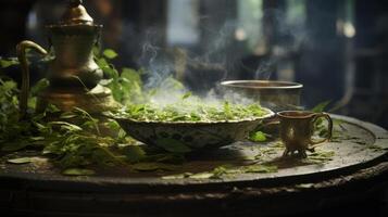Mystical herbs and steam in a rustic setting. photo