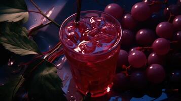 Refreshing red drink with ice and grapes. photo