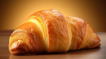 Golden, flaky croissant on a wooden surface. photo