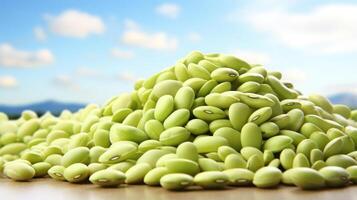 Pile of fresh edamame beans, vibrant green, natural light. photo