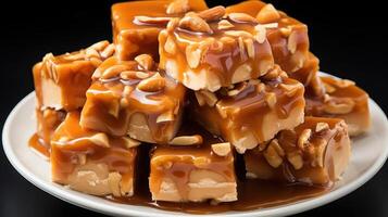 Delicious caramel nut squares on a plate. photo