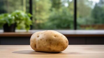 A single potato sits on a wooden surface. photo