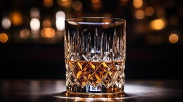 Close-up of a whiskey glass with a blurred background. photo