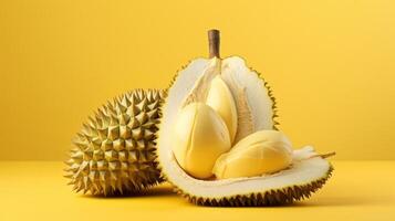 Close-up of a ripe durian fruit, halved and displayed. photo