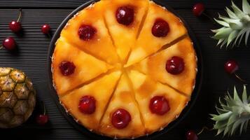 Delicious pineapple cake with cherries, top-down view. photo