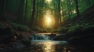 Sunlit forest stream, tranquil and serene nature scene. photo