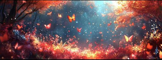 Autumn forest with butterflies, vibrant colors, magical atmosphere. photo