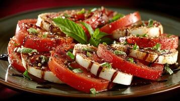Stacked tomato and mozzarella with basil and balsamic glaze. photo