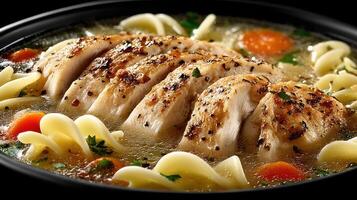 Delicious chicken noodle soup, a comforting and flavorful dish. photo