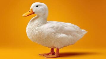 A fluffy white duck stands against a yellow background. photo