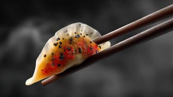 Dim sum dumpling held by chopsticks, close-up. photo