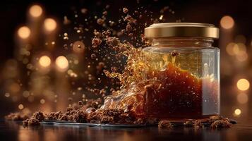 Honey splash in a jar, golden bokeh background. photo