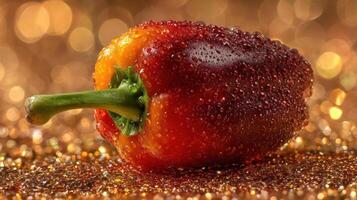 Dewy red pepper close-up with bokeh background. photo
