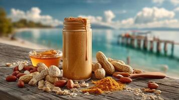 Homemade peanut butter with peanuts, shells, and a tropical beach view. photo