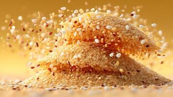Sesame seeds forming a hill with scattered grains. photo