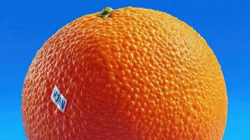 Close-up of a vibrant orange with a tag. photo
