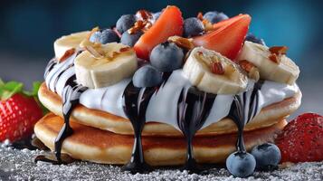 Stack of pancakes with fruit, cream, and chocolate drizzle. photo