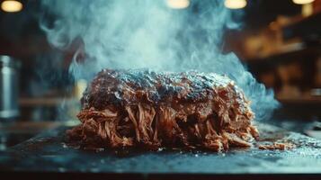 Smoked pulled pork, delicious and savory, with visible smoke. photo