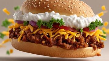 Close-up of a delicious chili burger with cheese and toppings. photo
