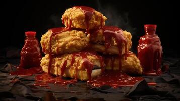 Crispy fried chicken drenched in rich, red sauce. photo