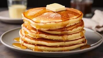 Stack of pancakes with butter and syrup on top photo