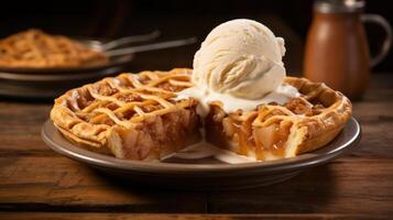 Delicious apple pie with a scoop of vanilla ice cream. photo