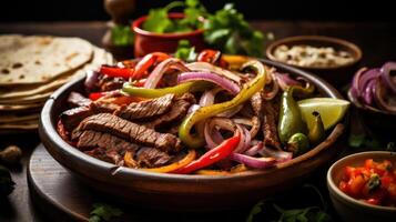 Steak fajitas with peppers and onions, ready for tortillas. photo