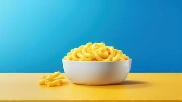 A bowl of macaroni and cheese on a blue and yellow background photo