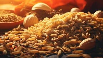 A pile of rice and spices on a table photo