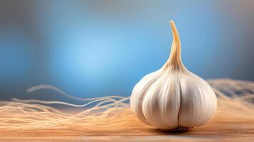 Garlic on wooden table with blue background photo