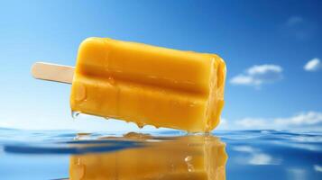 A popsicle floating in the water with a blue sky in the background photo