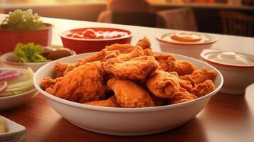 A bowl of fried chicken sitting on a table photo