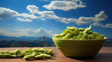 A bowl of green beans on a table with a blue sky photo