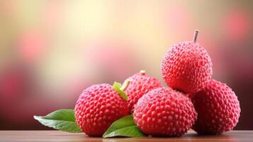 Fresh lychee fruit on wooden table with blurred background photo