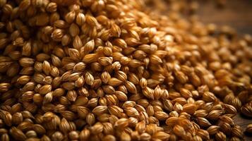 A pile of barley is shown on a wooden table photo