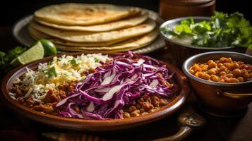 Mexican food with tortillas, beans, cabbage and red cabbage photo