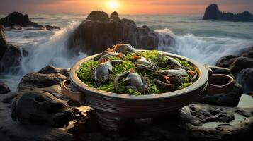 A bowl of crabs on a rock near the ocean photo