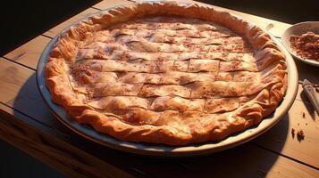 A pie on a table next to a bowl of apples photo