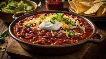 Chili con carne in a bowl with sour cream and cheese photo