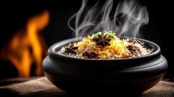 Aromatic rice dish, steaming with spices, cooked in a pot. photo