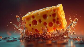 Cheese cube submerged in water, creating a dramatic splash. photo