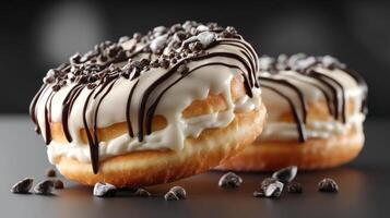 Delicious donut with chocolate drizzle and toppings. photo