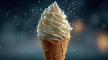 Delicious ice cream cone with a swirl of creamy goodness. photo