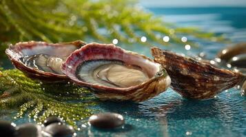 Abalone shells on rocks, showcasing their beautiful patterns. photo