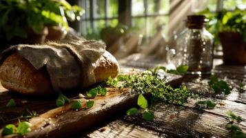 Rustic bread and herbs on a wooden table, sunlit scene. photo