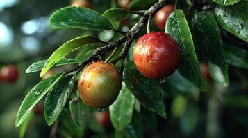Red fruit on a branch with green leaves, glistening with water. photo